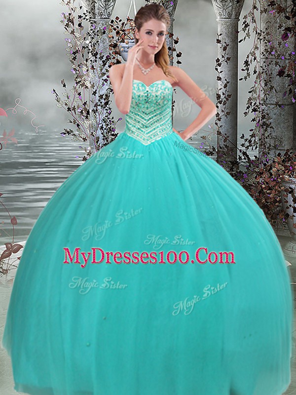 Super Sweetheart Sleeveless Tulle Ball Gown Prom Dress Beading Lace Up
