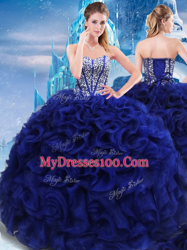 Royal Blue Sleeveless Fabric With Rolling Flowers Lace Up Sweet 16 Quinceanera Dress for Military Ball and Sweet 16 and Quinceanera