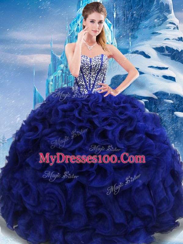 Royal Blue Sleeveless Fabric With Rolling Flowers Lace Up Sweet 16 Quinceanera Dress for Military Ball and Sweet 16 and Quinceanera
