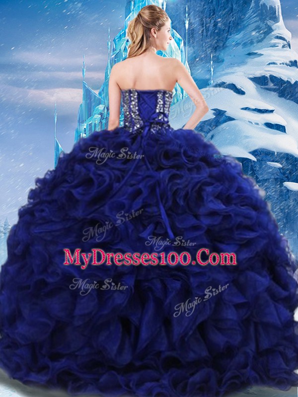 Royal Blue Sleeveless Fabric With Rolling Flowers Lace Up Sweet 16 Quinceanera Dress for Military Ball and Sweet 16 and Quinceanera