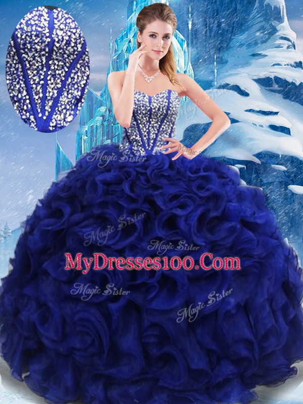 Royal Blue Sleeveless Fabric With Rolling Flowers Lace Up Sweet 16 Quinceanera Dress for Military Ball and Sweet 16 and Quinceanera