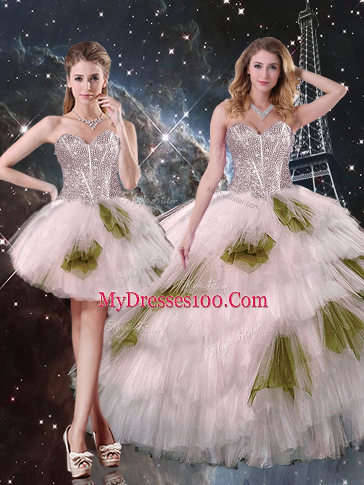 High Class Champagne Lace Up Sweetheart Beading and Ruffled Layers and Sequins Sweet 16 Dress Tulle Sleeveless