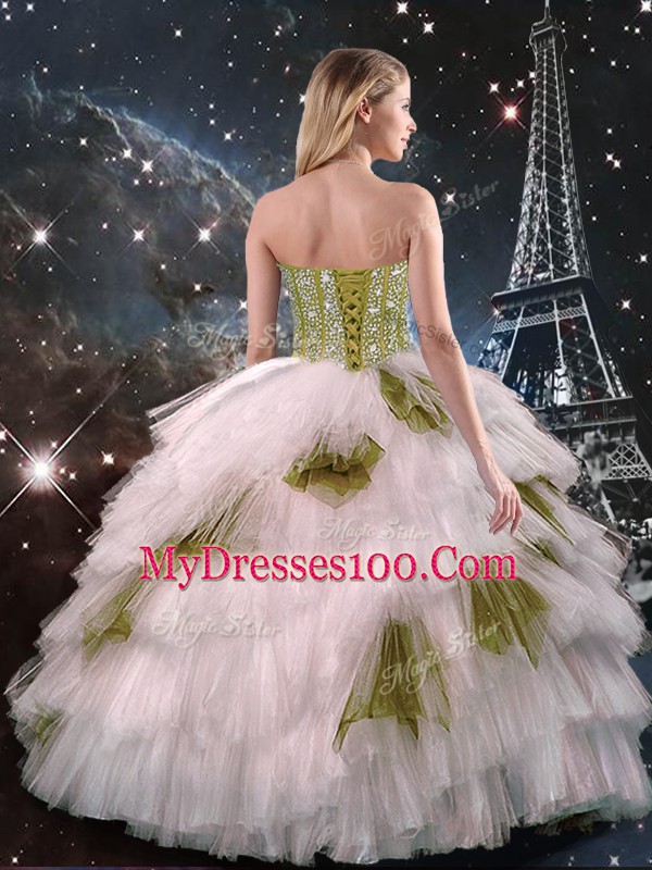 High Class Champagne Lace Up Sweetheart Beading and Ruffled Layers and Sequins Sweet 16 Dress Tulle Sleeveless