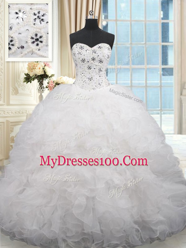 White Sleeveless Beading and Ruffles Lace Up Quinceanera Dress