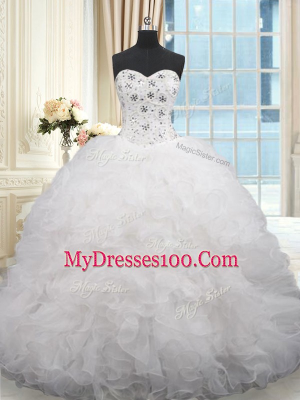 White Sleeveless Beading and Ruffles Lace Up Quinceanera Dress