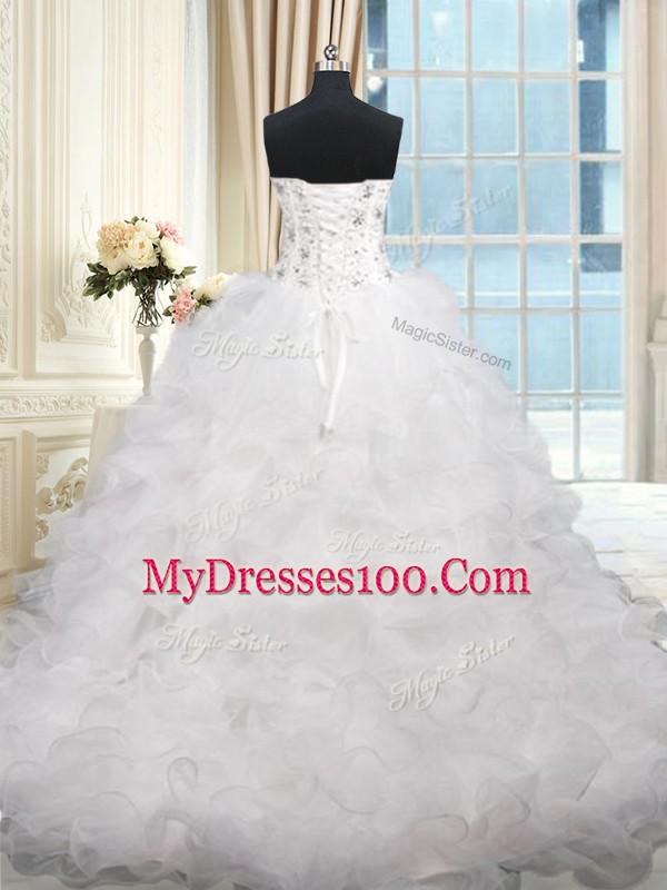 White Sleeveless Beading and Ruffles Lace Up Quinceanera Dress