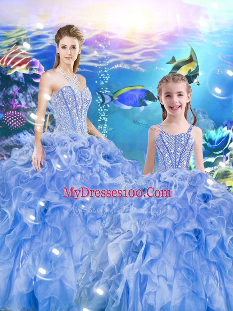 Inexpensive Floor Length Lace Up Sweet 16 Quinceanera Dress Baby Blue for Military Ball and Sweet 16 and Quinceanera with Beading and Ruffles