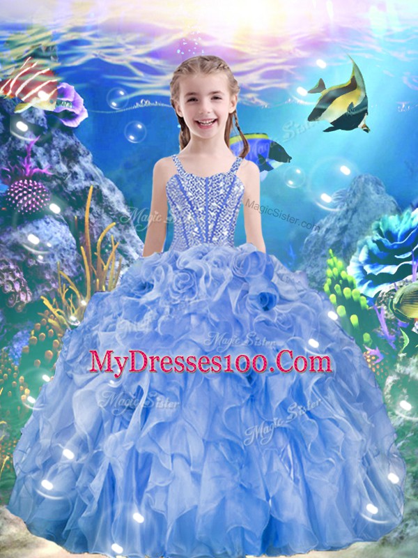 Inexpensive Floor Length Lace Up Sweet 16 Quinceanera Dress Baby Blue for Military Ball and Sweet 16 and Quinceanera with Beading and Ruffles