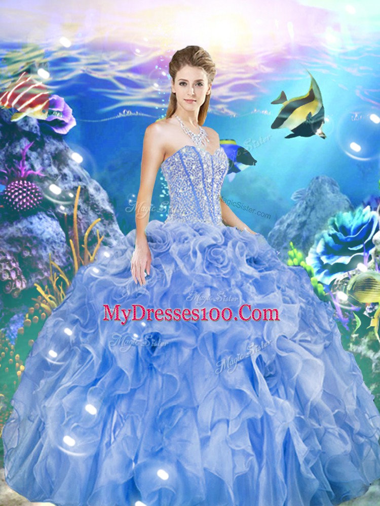 Inexpensive Floor Length Lace Up Sweet 16 Quinceanera Dress Baby Blue for Military Ball and Sweet 16 and Quinceanera with Beading and Ruffles