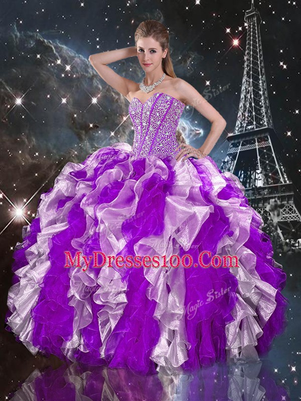 Multi-color Sweetheart Neckline Beading and Ruffles Quinceanera Dress Sleeveless Lace Up