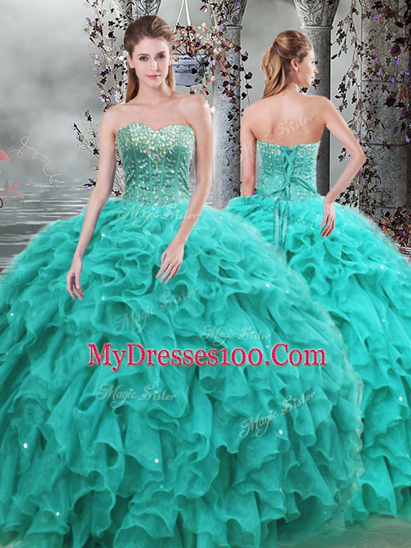 Turquoise Sleeveless Floor Length Beading and Ruffles Lace Up Sweet 16 Dress