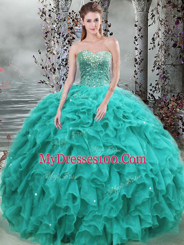 Turquoise Sleeveless Floor Length Beading and Ruffles Lace Up Sweet 16 Dress