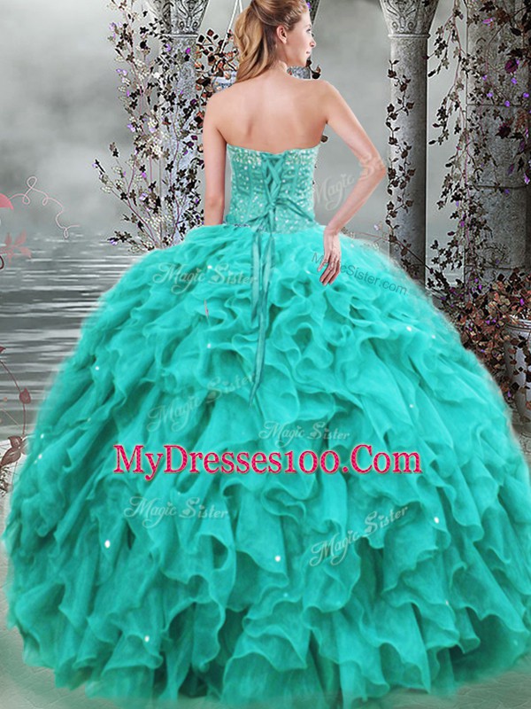 Turquoise Sleeveless Floor Length Beading and Ruffles Lace Up Sweet 16 Dress