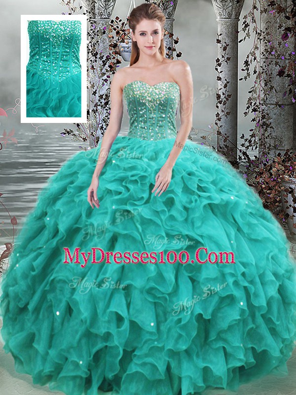 Turquoise Sleeveless Floor Length Beading and Ruffles Lace Up Sweet 16 Dress