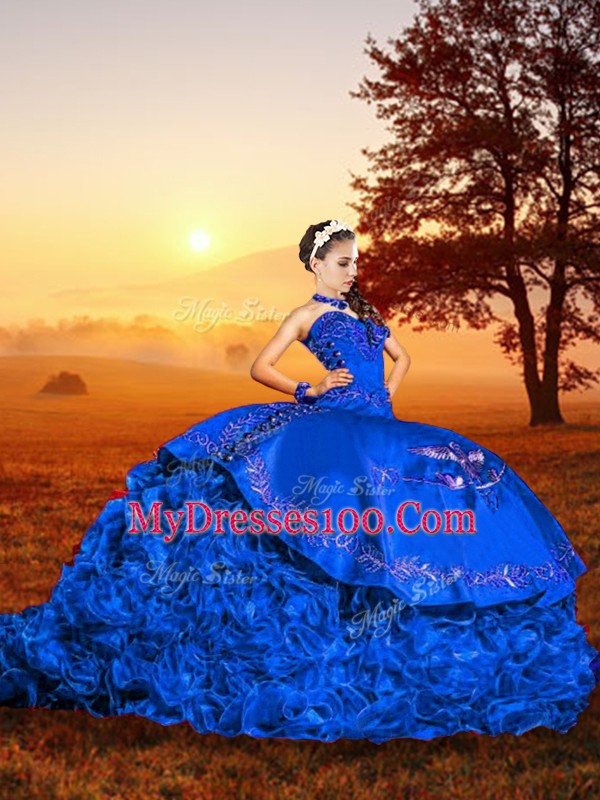 Blue Sleeveless Organza Brush Train Lace Up Quince Ball Gowns for Military Ball and Sweet 16 and Quinceanera