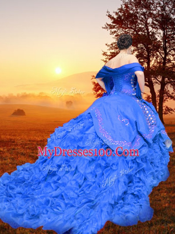 Blue Sleeveless Organza Brush Train Lace Up Quince Ball Gowns for Military Ball and Sweet 16 and Quinceanera