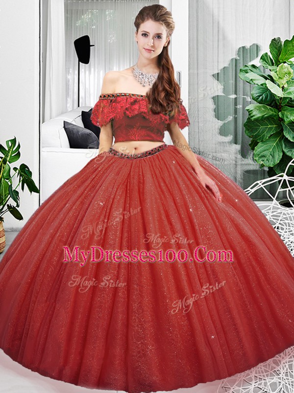 Coral Red Two Pieces Organza Off The Shoulder Sleeveless Lace Floor Length Lace Up Quinceanera Dresses