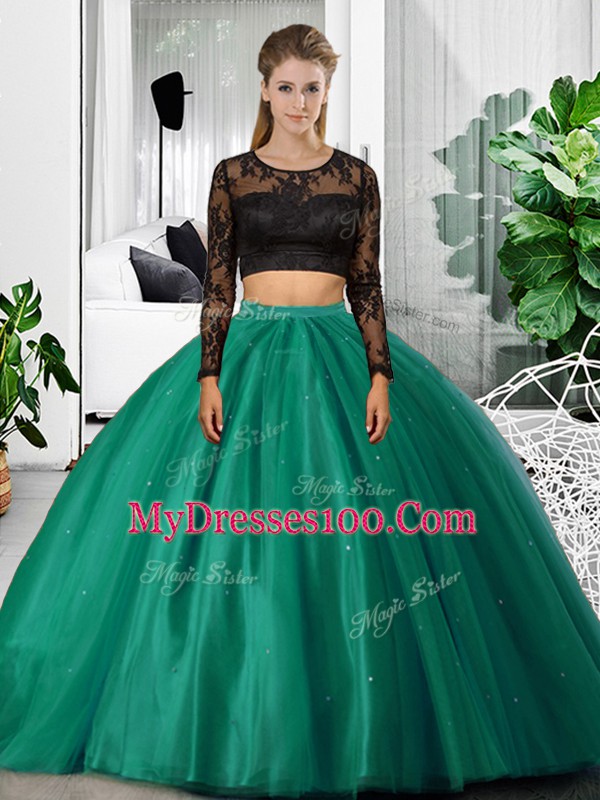 Long Sleeves Floor Length Lace and Ruching Backless 15 Quinceanera Dress with Dark Green