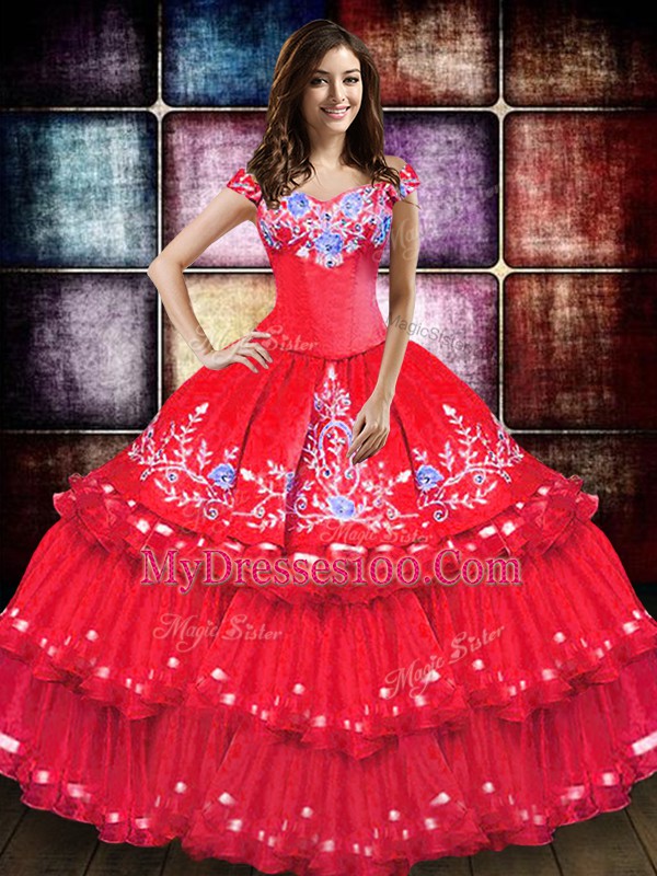 Taffeta Sleeveless Floor Length Ball Gown Prom Dress and Embroidery and Ruffled Layers