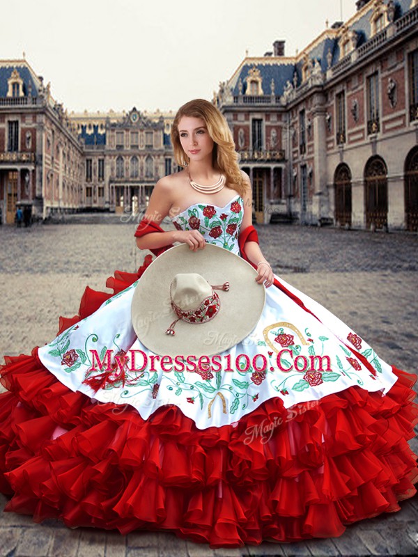 Exquisite Sweetheart Sleeveless Organza and Taffeta Quinceanera Gown Embroidery and Ruffled Layers Lace Up