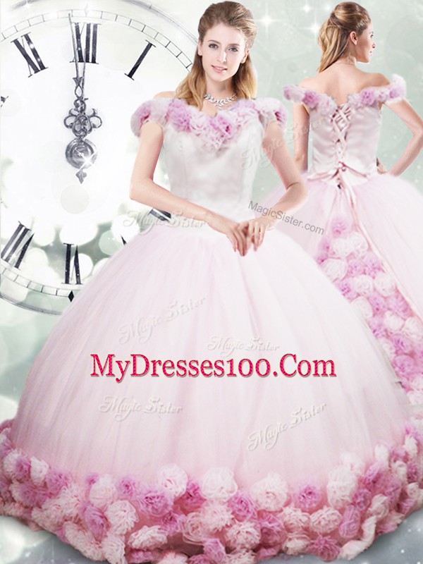 Top Selling Pink Sleeveless Fabric With Rolling Flowers Brush Train Lace Up 15 Quinceanera Dress for Military Ball and Sweet 16 and Quinceanera