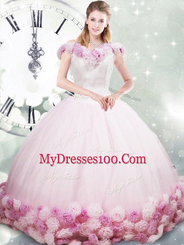 Top Selling Pink Sleeveless Fabric With Rolling Flowers Brush Train Lace Up 15 Quinceanera Dress for Military Ball and Sweet 16 and Quinceanera