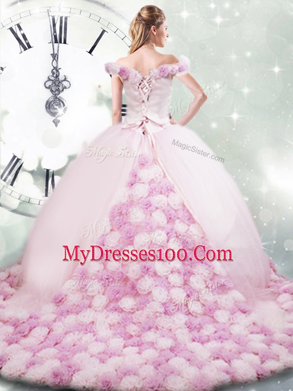 Top Selling Pink Sleeveless Fabric With Rolling Flowers Brush Train Lace Up 15 Quinceanera Dress for Military Ball and Sweet 16 and Quinceanera