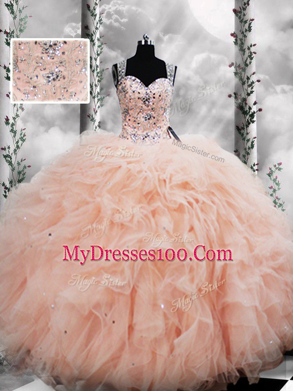 Elegant Straps Sleeveless Tulle Sweet 16 Quinceanera Dress Beading and Ruffles Lace Up