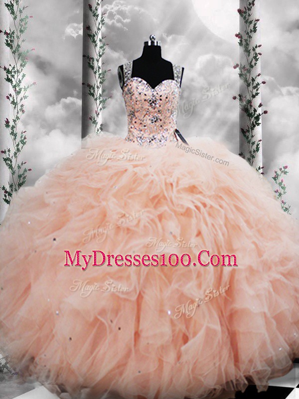 Elegant Straps Sleeveless Tulle Sweet 16 Quinceanera Dress Beading and Ruffles Lace Up