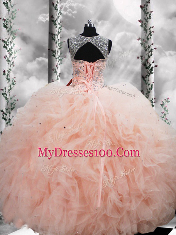 Elegant Straps Sleeveless Tulle Sweet 16 Quinceanera Dress Beading and Ruffles Lace Up