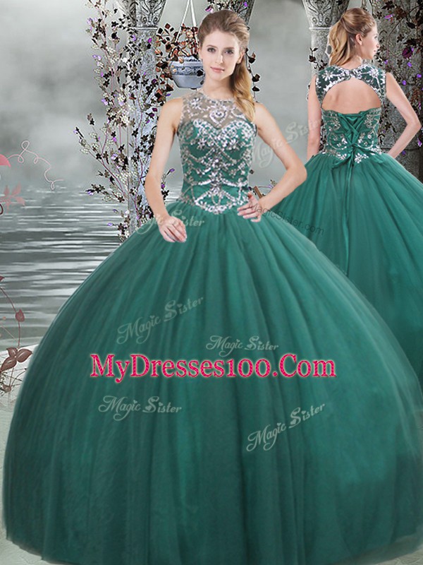 Modest Dark Green Lace Up Sweet 16 Dress Beading Sleeveless Floor Length