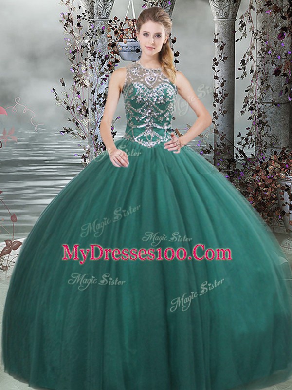 Modest Dark Green Lace Up Sweet 16 Dress Beading Sleeveless Floor Length
