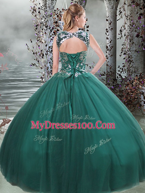 Modest Dark Green Lace Up Sweet 16 Dress Beading Sleeveless Floor Length