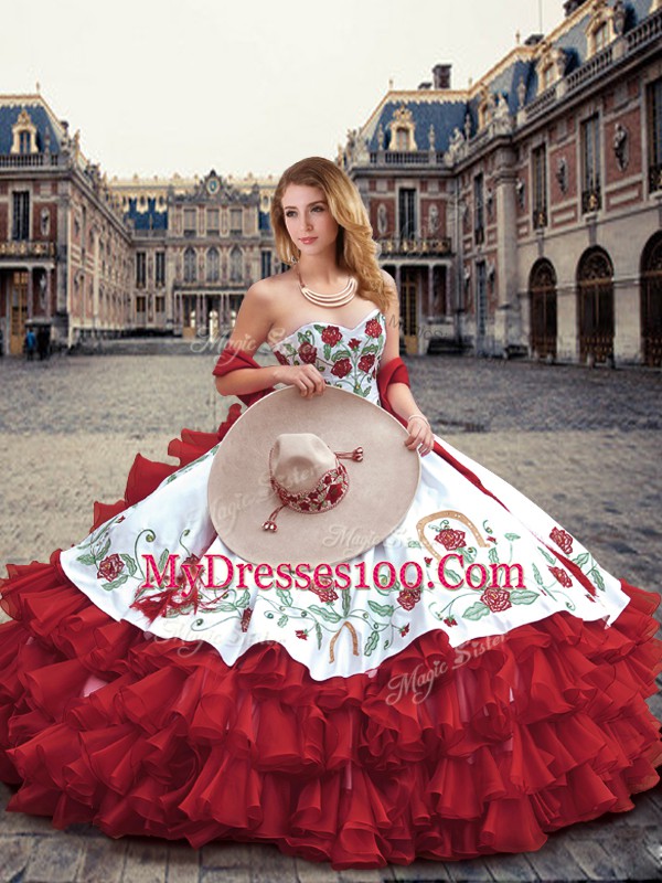 Spectacular Wine Red Ball Gowns Organza Sweetheart Sleeveless Embroidery and Ruffled Layers Floor Length Lace Up Sweet 16 Dress