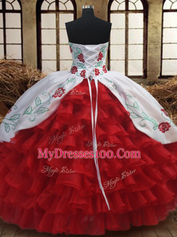Spectacular Wine Red Ball Gowns Organza Sweetheart Sleeveless Embroidery and Ruffled Layers Floor Length Lace Up Sweet 16 Dress