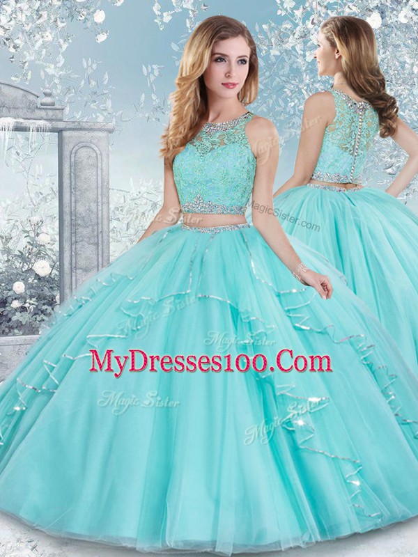 Aqua Blue Sleeveless Tulle Clasp Handle Quince Ball Gowns for Military Ball and Sweet 16 and Quinceanera