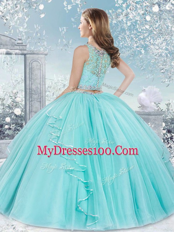 Aqua Blue Sleeveless Tulle Clasp Handle Quince Ball Gowns for Military Ball and Sweet 16 and Quinceanera