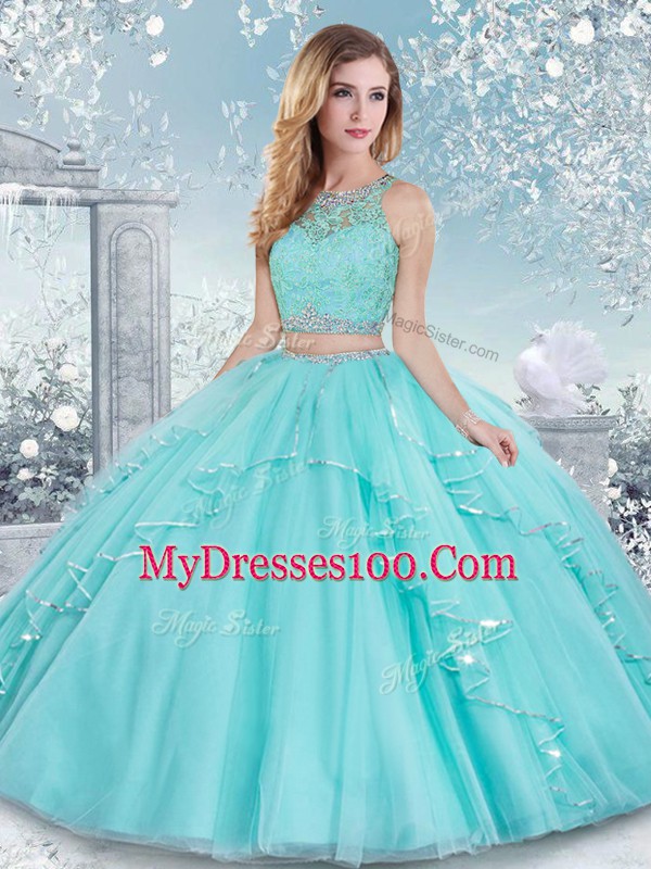 Aqua Blue Sleeveless Tulle Clasp Handle Quince Ball Gowns for Military Ball and Sweet 16 and Quinceanera