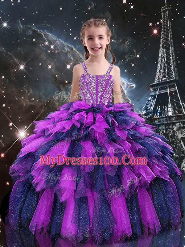 Eggplant Purple Ball Gowns Tulle Straps Sleeveless Beading and Ruffles Floor Length Lace Up Little Girl Pageant Dress