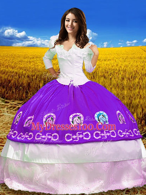 Amazing Purple Ball Gowns Embroidery Quince Ball Gowns Lace Up Taffeta 3 4 Length Sleeve Floor Length