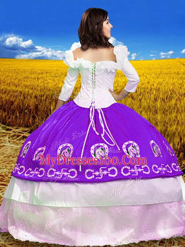 Amazing Purple Ball Gowns Embroidery Quince Ball Gowns Lace Up Taffeta 3 4 Length Sleeve Floor Length