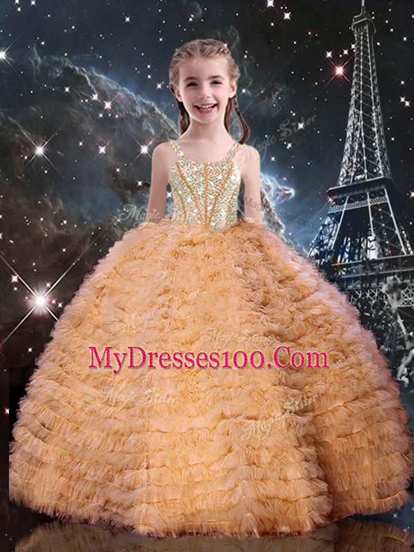 Orange Red Sleeveless Beading and Ruffled Layers Floor Length Kids Pageant Dress