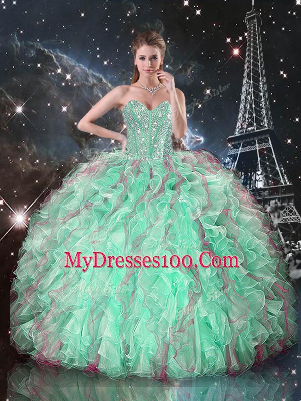 Lovely Sweetheart Sleeveless Lace Up Quince Ball Gowns Turquoise Organza