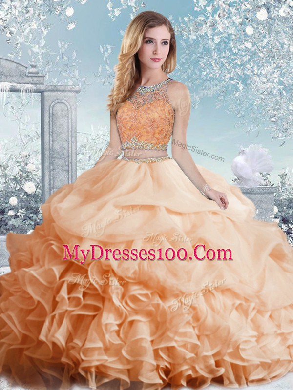 Deluxe Floor Length Peach Sweet 16 Quinceanera Dress Scoop Sleeveless Clasp Handle
