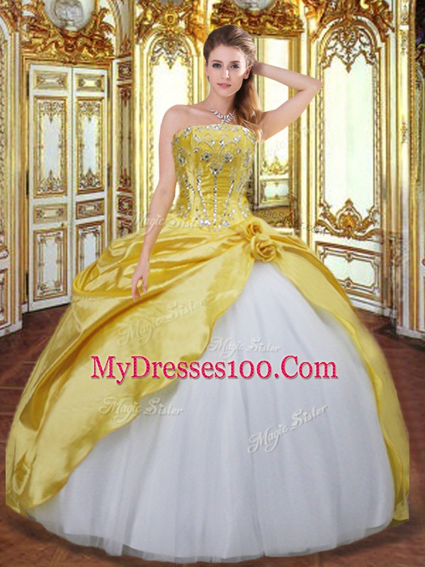 Charming Gold Lace Up Quinceanera Dress Beading and Hand Made Flower Sleeveless Floor Length