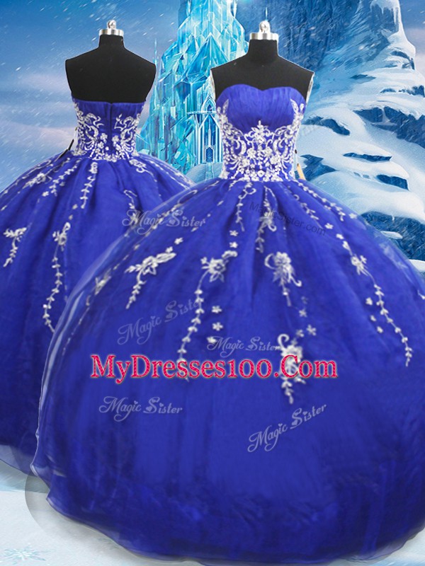 Fashion Blue Organza Lace Up Sweetheart Sleeveless Floor Length Sweet 16 Quinceanera Dress Appliques