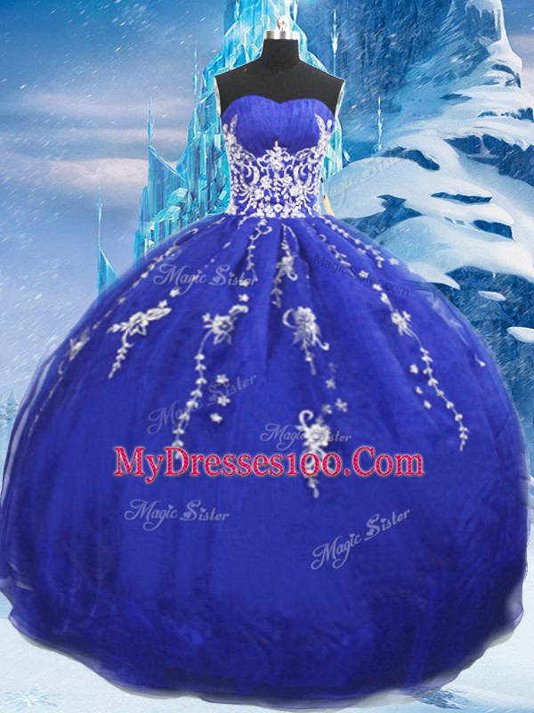 Fashion Blue Organza Lace Up Sweetheart Sleeveless Floor Length Sweet 16 Quinceanera Dress Appliques