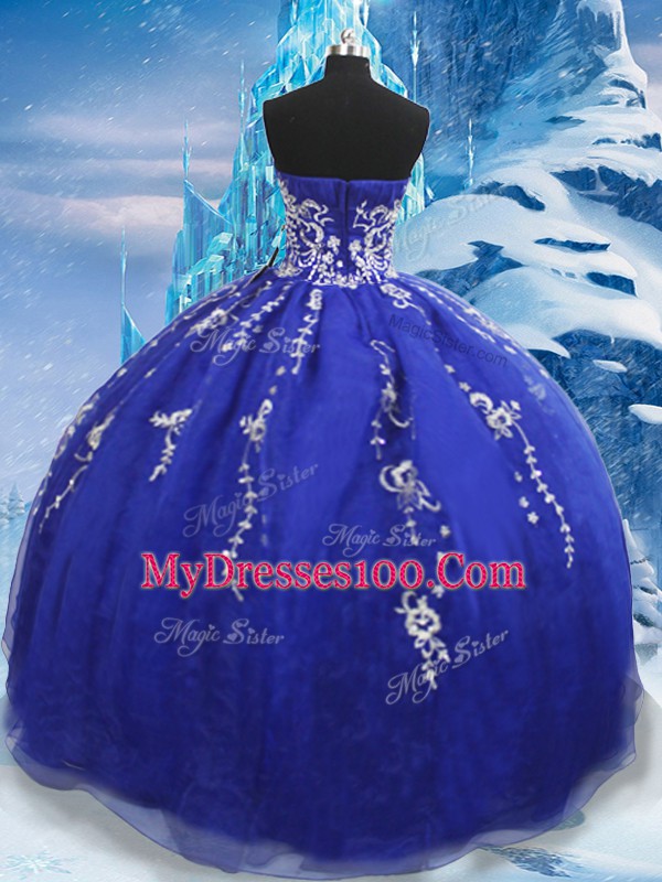 Fashion Blue Organza Lace Up Sweetheart Sleeveless Floor Length Sweet 16 Quinceanera Dress Appliques