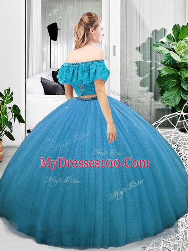 Two Pieces Sweet 16 Dress Fuchsia Off The Shoulder Organza Sleeveless Floor Length Lace Up