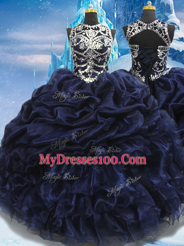 Navy Blue Sleeveless Appliques and Ruffles and Pick Ups Floor Length 15 Quinceanera Dress